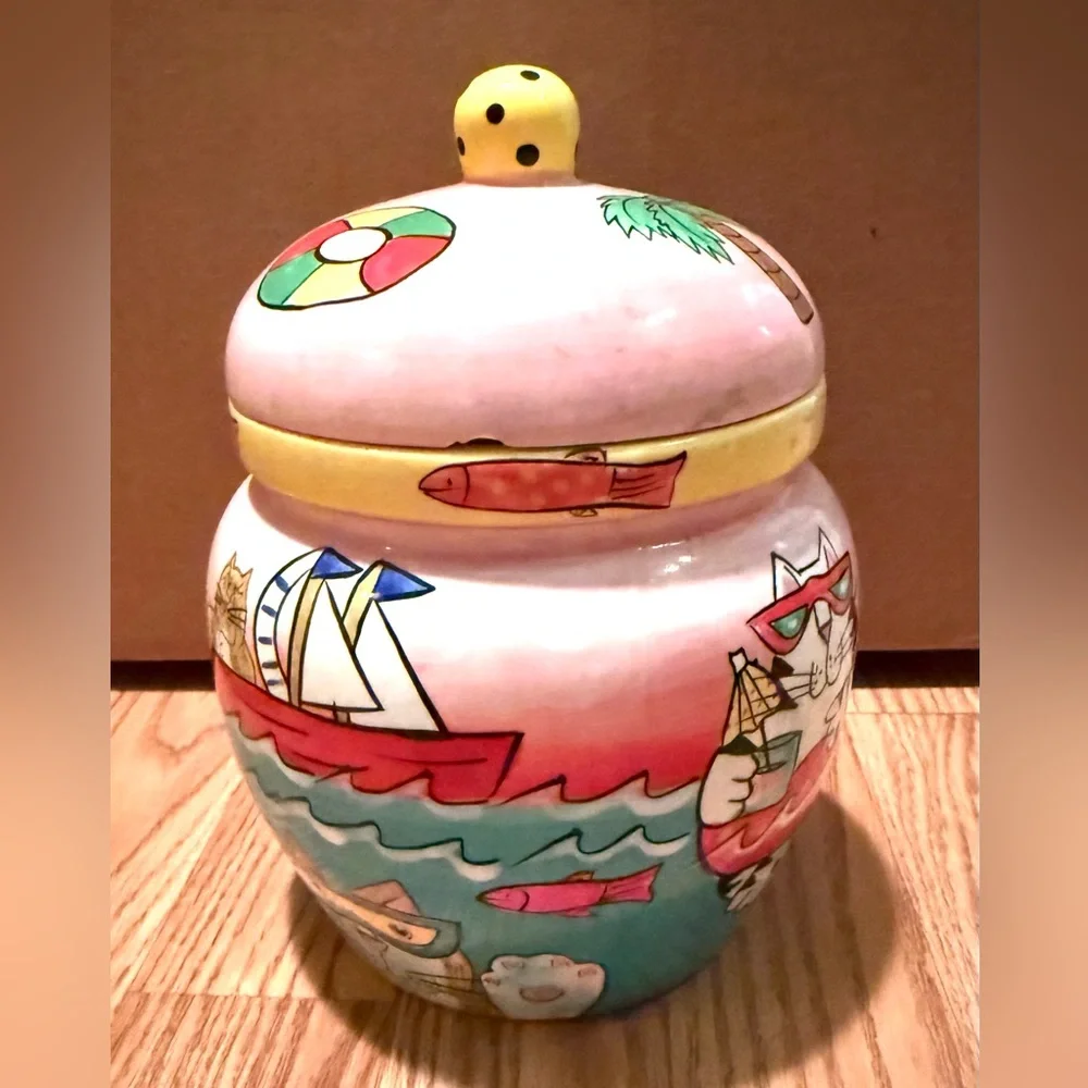 Catzilla 2003 Candace Reiter hand-painted ceramic cat treat jar or canister